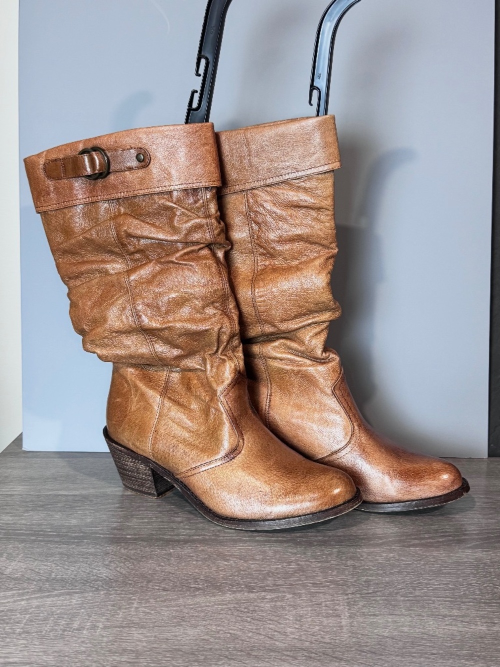 STEVE MADDEN P-Gaven Cognac Tan Slouch Leather Western Boots Buckle 8.5